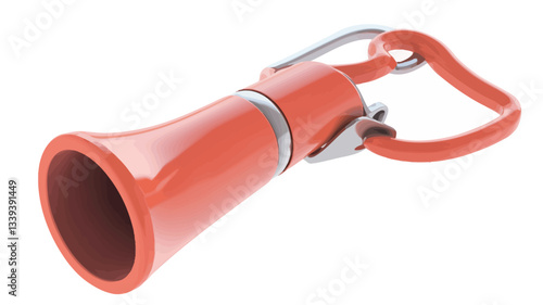 A digital rendering of a bright orange plastic handheld horn. The horn is angled, showing its bell-shaped opening and a small, metallic-looking clasp or handle. The object is smoothly rendered and