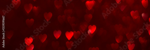 Red hearts, sparkling glitter bokeh background banner, valentines day abstract defocused texture header.
