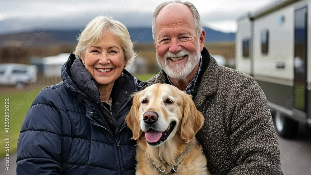 Happy couple enjoys a moment with their golden retriever at a scenic outdoor location during a cloudy day Happy couple enjoys a moment with their golden retriever at a scenic outdoor location during a cloudy day