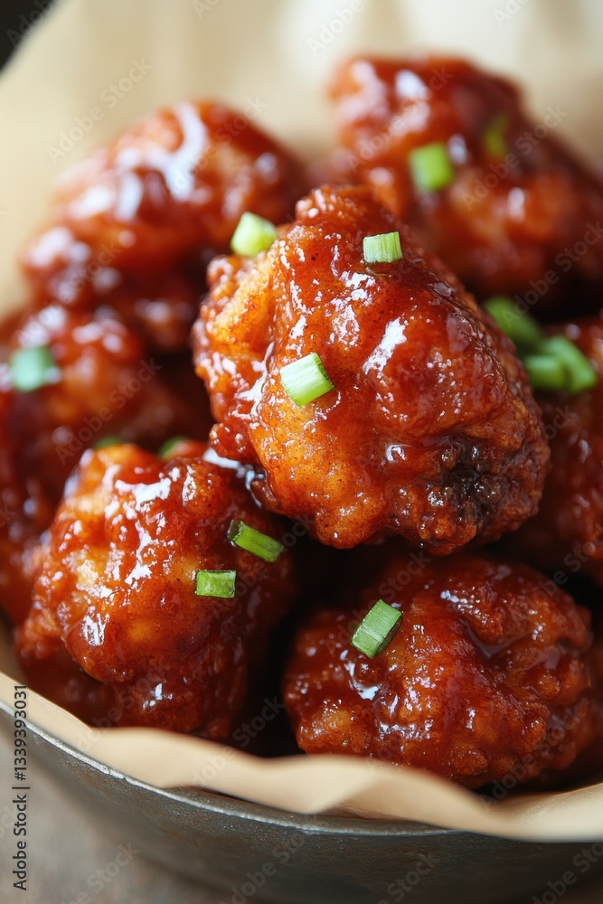 Appetizing Sticky Chicken Bites Glazed with Sweet and Spicy Sauce Garnished with Fresh Green Onion Close Up Shot Appetizing Sticky Chicken Bites Glazed with Sweet and Spicy Sauce Garnished with Fresh Green Onion Close Up Shot