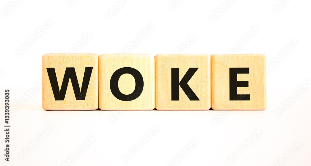 Woke question symbol. Concept word Woke question on beautiful wooden blocks. Beautiful white table white background. Business, lifestyle, support and woke question concept. Copy space. Woke question symbol. Concept word Woke question on beautiful wooden blocks. Beautiful white table white background. Business, lifestyle, support and woke question concept. Copy space.