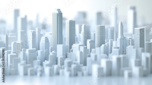A sleek  minimalist model of a city skyline featuring various skyscrapers in shades of white and gray.