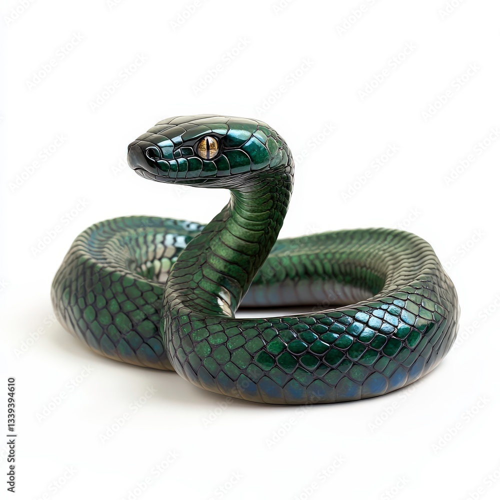 Fototapeta premium A glossy emerald snake, with smooth, coiled scales and a poised stance, captured on a white background.