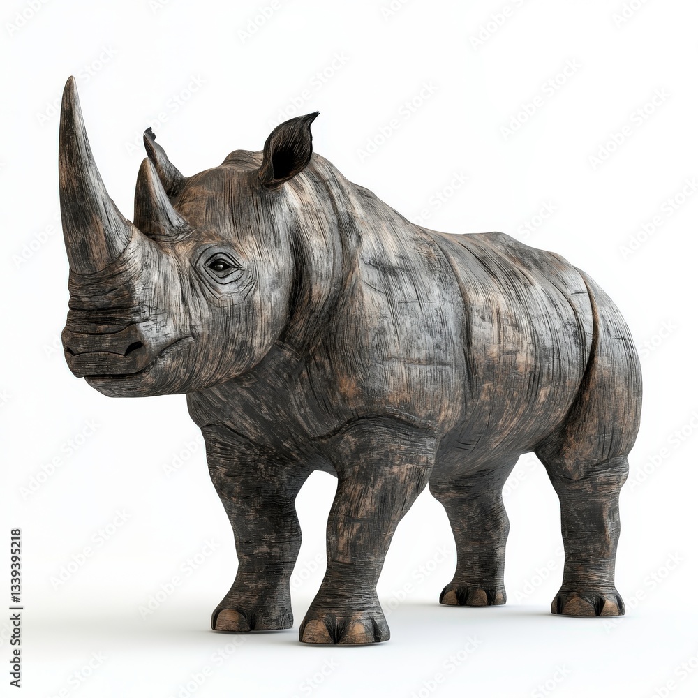 Naklejka premium A matte charcoal rhino, with rugged textures and a powerful stance, standing firmly on a white background.