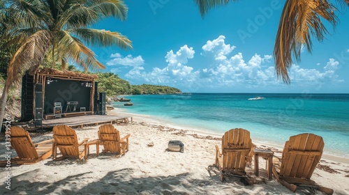 Beach concert stage setup  ocean view  palm trees  leisure seating