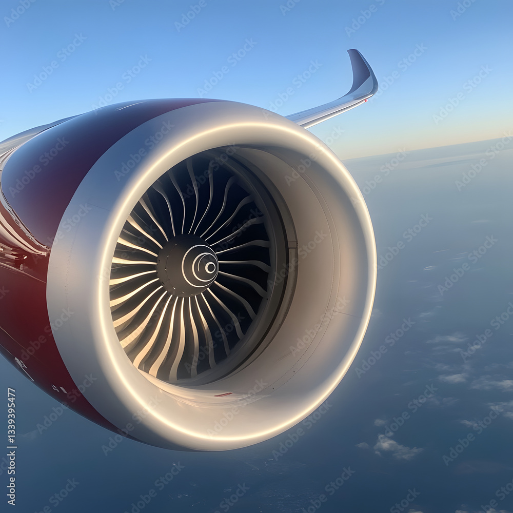 Close-up view of a modern jet engine against a clear blue sky during flight, showcasing engineering excellence Close-up view of a modern jet engine against a clear blue sky during flight, showcasing engineering excellence
