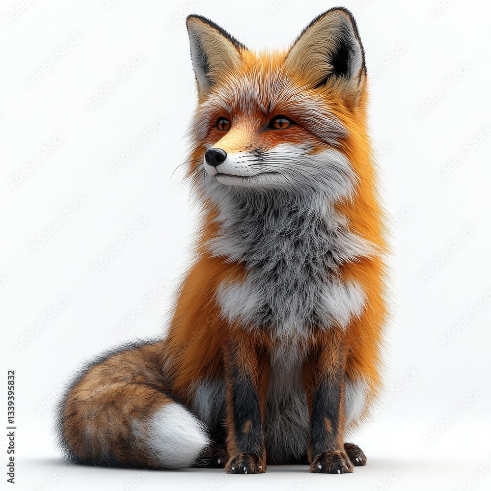 Fototapeta premium A warm terracotta fox, with detailed fur textures and a bushy tail, sitting alertly on a white background.