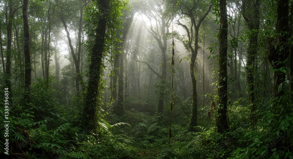 Obraz premium Sun Rays Shining Through Dense Green Forest with Abundant Foliage