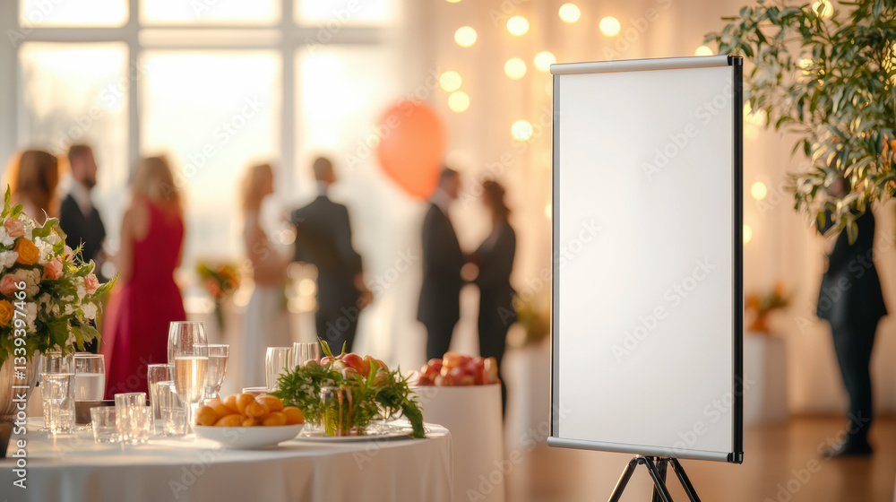 Elegant event setting with guests mingling, blank presentation board in focus, beautifully arranged food tables, and warm lighting. Elegant event setting with guests mingling, blank presentation board in focus, beautifully arranged food tables, and warm lighting.
