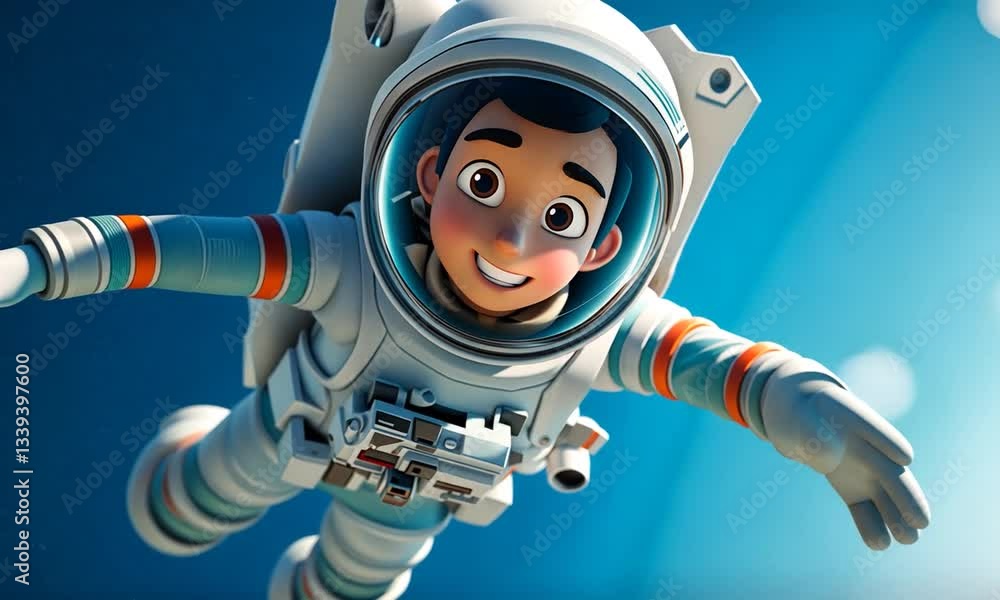 A cheerful cartoon astronaut floating in space, surrounded by colorful cosmic elements and stars A cheerful cartoon astronaut floating in space, surrounded by colorful cosmic elements and stars