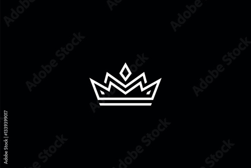 A minimalist design featuring a white crown symbol set against a black background. The crown is intricately designed with sharp, angular lines, and it appears to be symmetrical. 