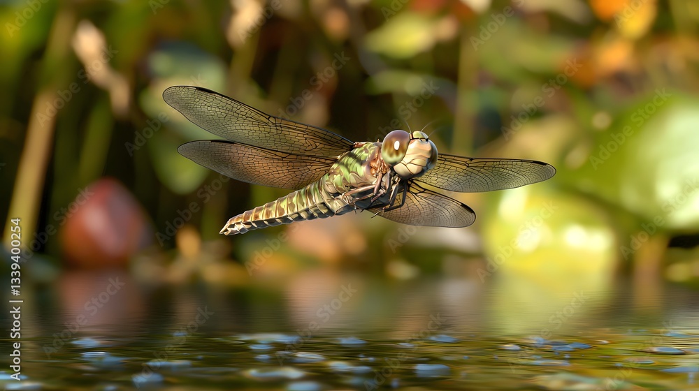 Naklejka premium Majestic dragon flying gracefully over a calm body of water surrounded by lush greenery and a serene landscape view