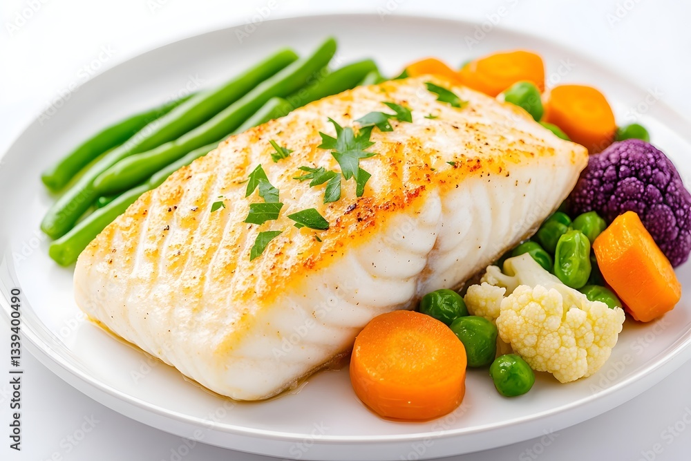 Elegant Seared White Fish Filet with Assorted Steamed Vegetables and Edible Blooms Elegant Seared White Fish Filet with Assorted Steamed Vegetables and Edible Blooms