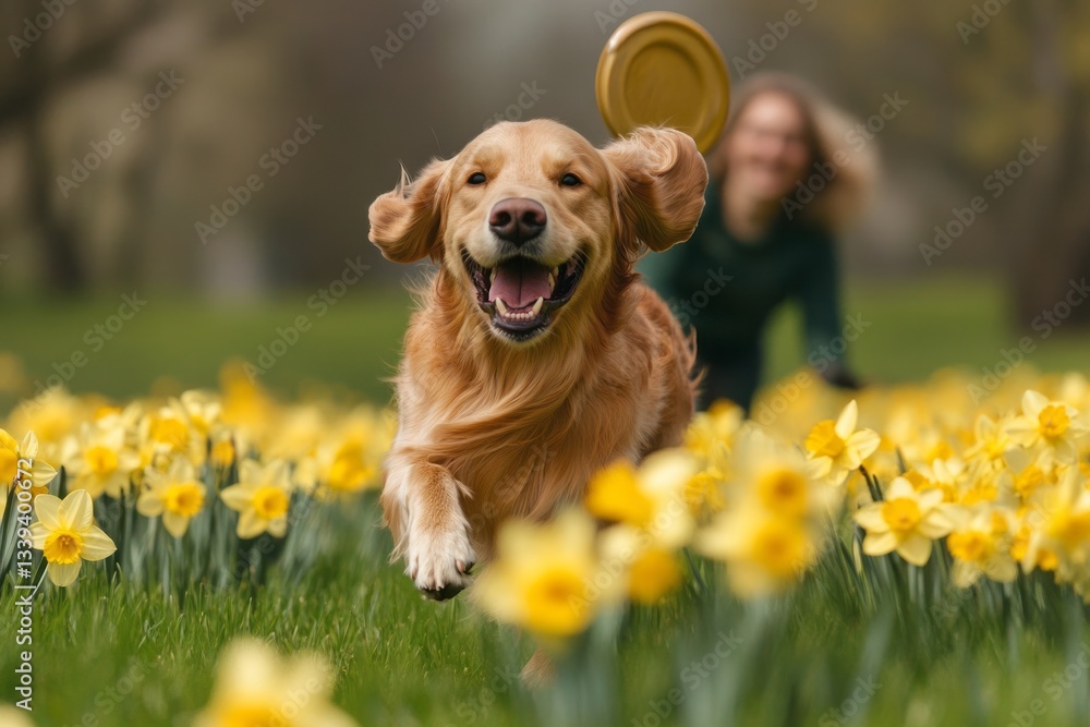 Golden Retriever Runs in Daffodil Field to Catch Frisbee on a Spring Day
