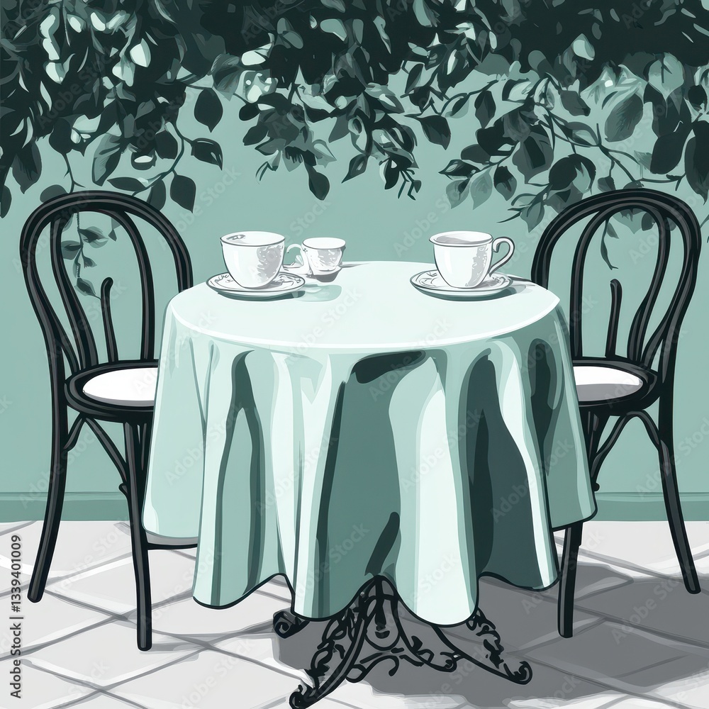 A charming outdoor table setting beneath lush green foliage provides ambiance A charming outdoor table setting beneath lush green foliage provides ambiance