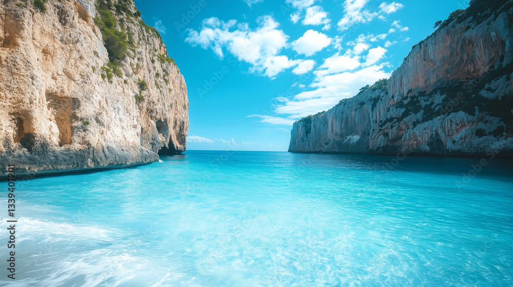 Fototapeta premium A breathtaking view of a crystal-clear ocean, where powerful waves crash against towering, rugged cliffs under a bright blue sky