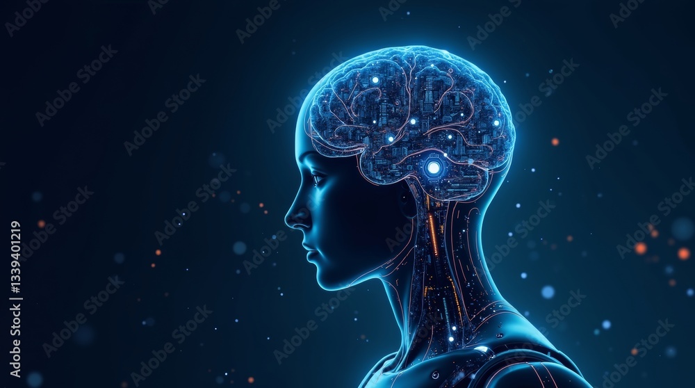 Futuristic AI human head with glowing brain circuits, representing artificial intelligence, technology, and neuroscience. Ideal for tech, AI, and innovation concepts. Futuristic AI human head with glowing brain circuits, representing artificial intelligence, technology, and neuroscience. Ideal for tech, AI, and innovation concepts.