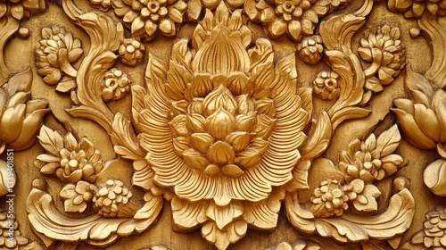 A gold leaf flower design is on a wall
