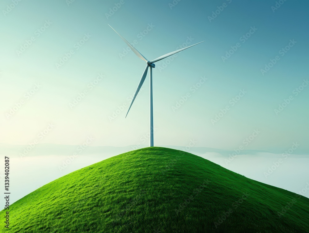 Fototapeta premium Isolated wind turbine on a foggy hill, peaceful renewable energy scene
