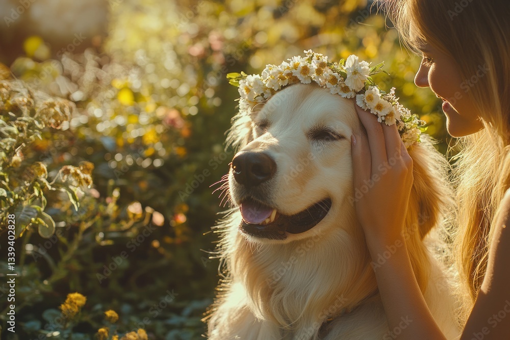 Golden retriever enjoying time outdoors with a girl wearing a flower crown in a blooming garden