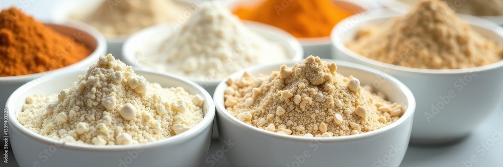 White bowls filled with various flours, close-up view, ingredient, object, diet White bowls filled with various flours, close-up view, ingredient, object, diet