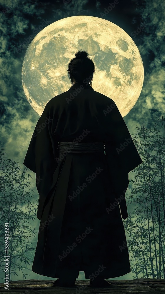 Naklejka premium A Person Wearing Black Kimono Looking At A Full Moon