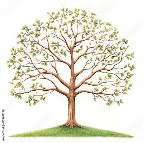 Illustration of a lush, symmetrical tree with broad branches and green leaves, set against a simple white background.