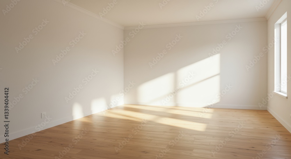 Fototapeta premium Sunlight Streaming Into Empty Room with Wooden Floor and White Walls
