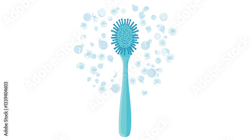 A studio shot of a light blue plastic oval-shaped bath brush with a long handle.  The brush is positioned centrally against a white background.  Numerous small, light-blue and white, translucent