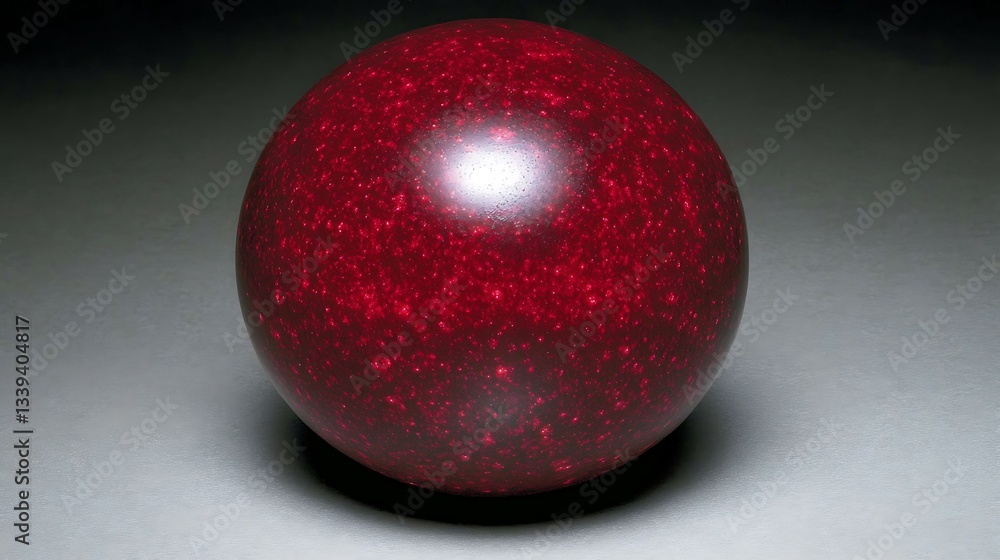A shiny red spherical object with speckles on a surface A shiny red spherical object with speckles on a surface