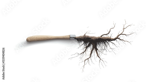 High-angle, close-up shot of a wooden-handled tool or utensil with a dark brown root system emanating from its metal ferrule against a stark white background. The image displays a high level of