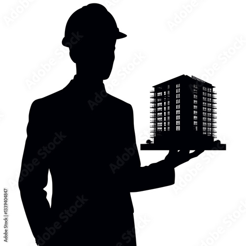 Silhouette of man holding miniature building model
