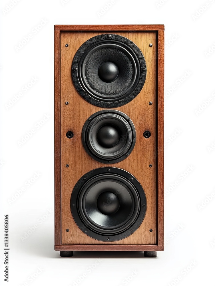 Fototapeta premium Classic wooden loudspeaker showcasing three drivers against a clean white background studio shot audio equipment sound system vintage design
