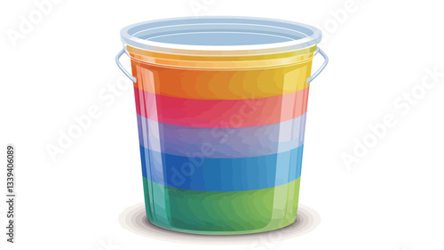 A digital illustration depicts a transparent plastic bucket filled with multiple layers of paint. Each layer is a distinct color of the rainbow, creating a layered effect with visible horizontal