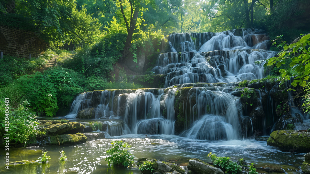 A cascading waterfall surrounded by greenery A cascading waterfall surrounded by greenery