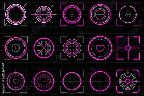 Bright neon crosshair icon radiates, enhancing futuristic sniper HUD. Military rifle reticle adjusts sharply, improving targeting precision. Vibrant bullseye aim symbol contrasts dynamically,