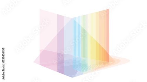 The image depicts a three-dimensional abstract representation of a prism. The prism is composed of translucent, vertically-oriented stripes of pastel rainbow colors, transitioning smoothly from