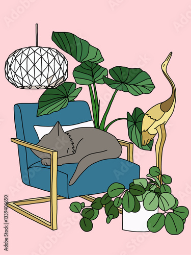 Cozy Cat on Chair with Plant Illustration