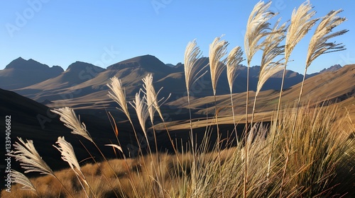 Andean landscape showcasing mountains, clear skies and ornamental grass.