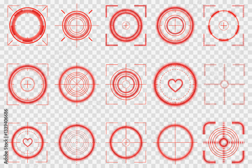 Red bullseye target aligns precisely, enhancing shooting accuracy and precision. Military rifle scope focuses dynamically, ensuring optimal aiming performance. Glowing neon crosshair pulsates