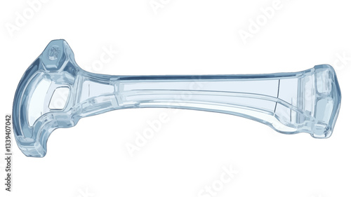 Close-up shot of a single, translucent, light-blue plastic part. The object is elongated, with a slightly curved shape. It features visible structural elements, suggesting a functional component.