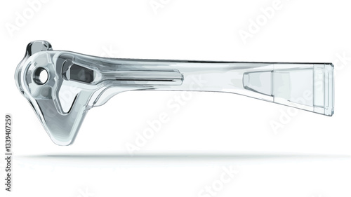 Close-up studio shot of a silver-colored metallic part. The object appears to be a mechanical component with intricate details, showing a smooth, reflective surface with subtle highlights and