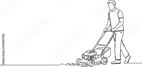 continuous single line drawing of man mowing lawn with lawnmower, line art vector illustration