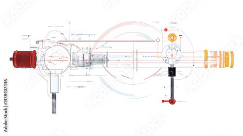 The image is a detailed technical illustration of a component from a linear particle accelerator.  It features a detailed line drawing showing various parts and their interconnection.  The style is