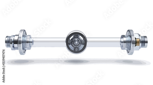 Close-up studio shot of a chrome-plated axle assembly.  The assembly consists of a long, cylindrical shaft with two identical end pieces featuring flanges and threaded connections. A circular,