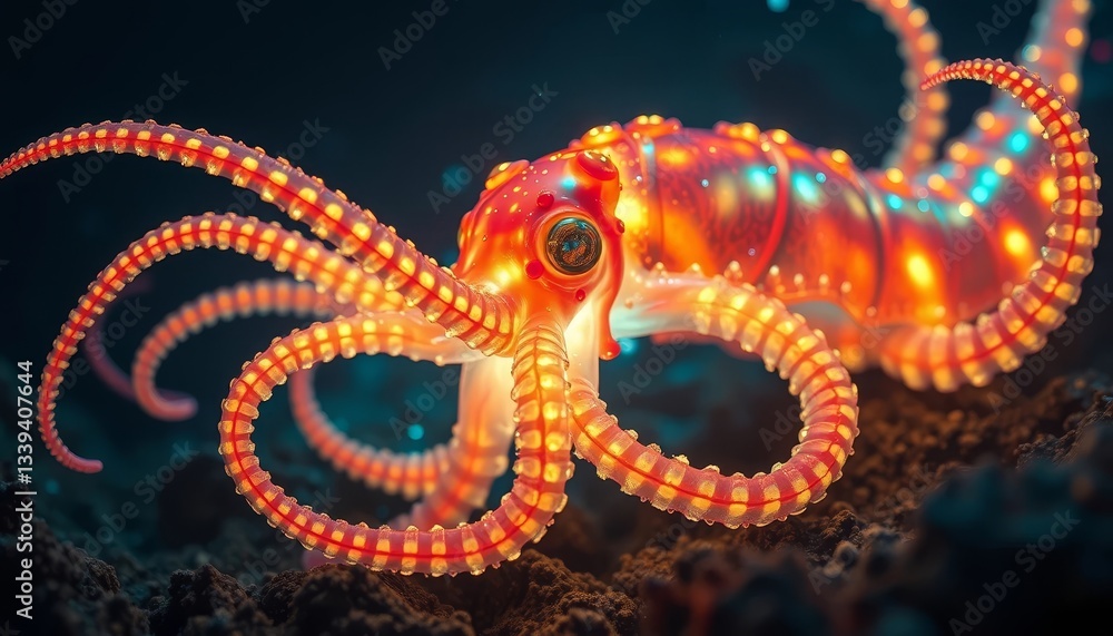 Obraz premium Luminous Cephalopod with Illuminated Tentacles, Glowing in the Deep Ocean Abyss