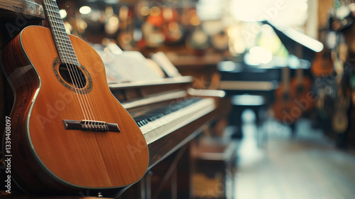 Acoustic guitar and piano in music store with copy space. concept of musical instruments, shopping, sound, creativity