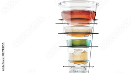 A studio shot depicting a vertical stack of transparent glasses, each containing a different colored liquid layer.  The layers are distinct and clearly visible against a white background. The top