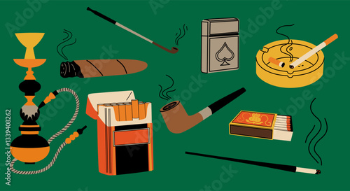 Accessories for smoking. A pack of cigarettes, a lighter, a cigar.