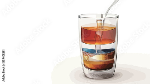Close-up studio shot of a double-walled glass containing two visibly distinct layers of liquid, possibly tea and coffee or similar beverages.  The upper layer is a lighter amber color, while the